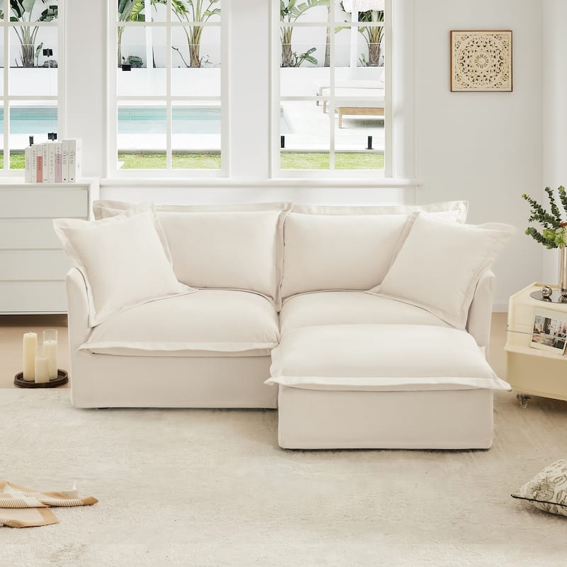 Chenille 2-Seater Sectional Sofa Set with Ottoman, 83.4" Flared Arm Loveseat Couch with Removable Covers for Living Room - Cream