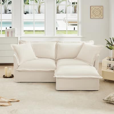 Chenille 2-Seater Sectional Sofa Set with Ottoman, 83.4" Flared Arm Loveseat Couch with Removable Covers for Living Room