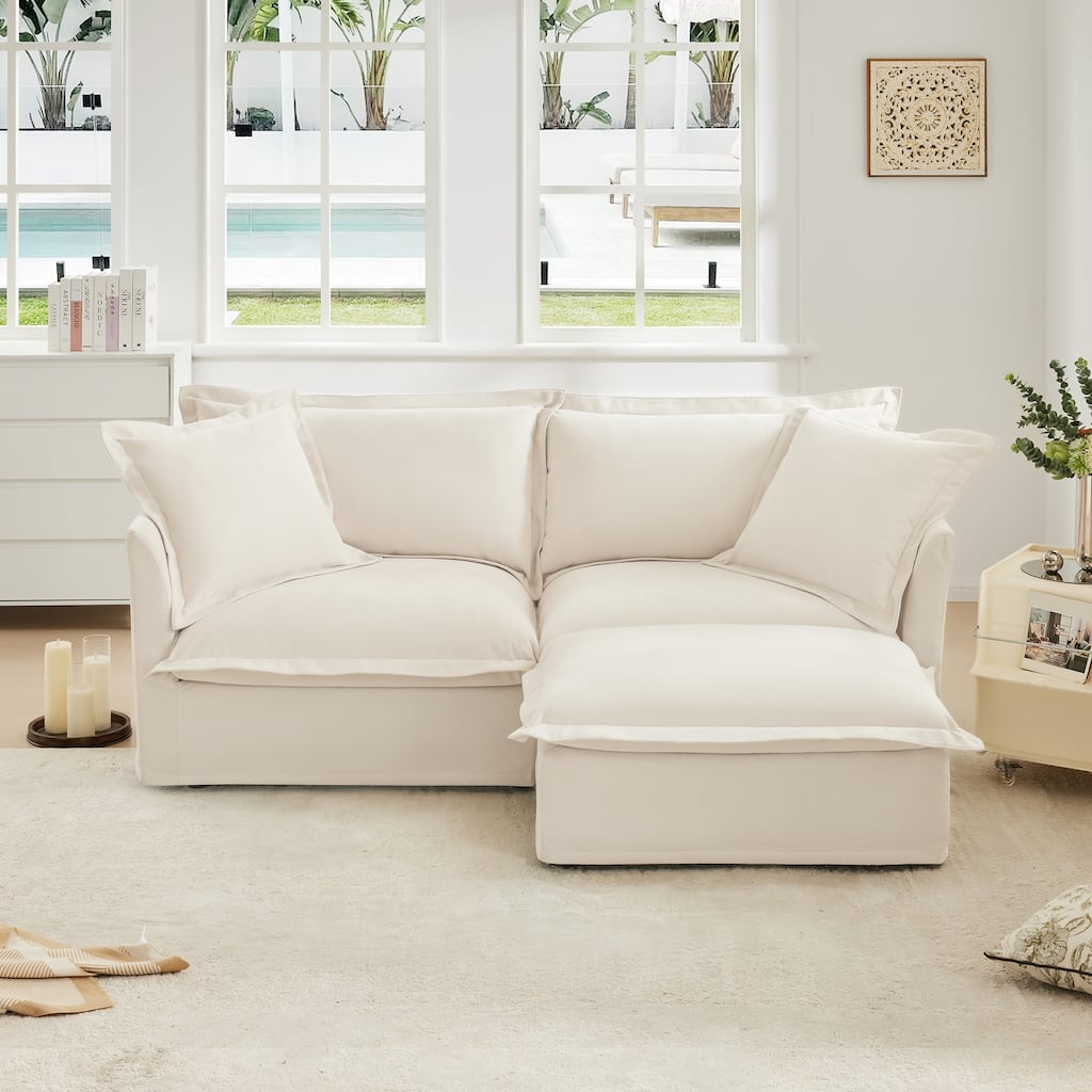 Chenille 2-Seater Sectional Sofa Set with Ottoman, 83.4" Flared Arm Loveseat Couch with Removable Covers for Living Room