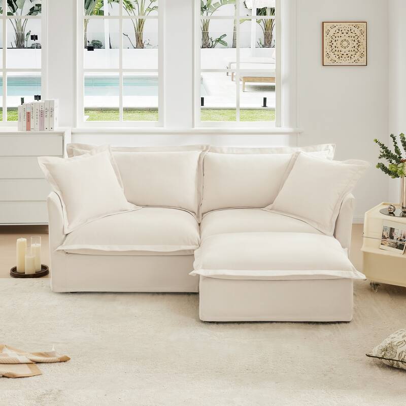 Slipcovered Chenille 2-Seater Sofa Couch with Convertible Ottoman & Soft Big Pillows - Cream