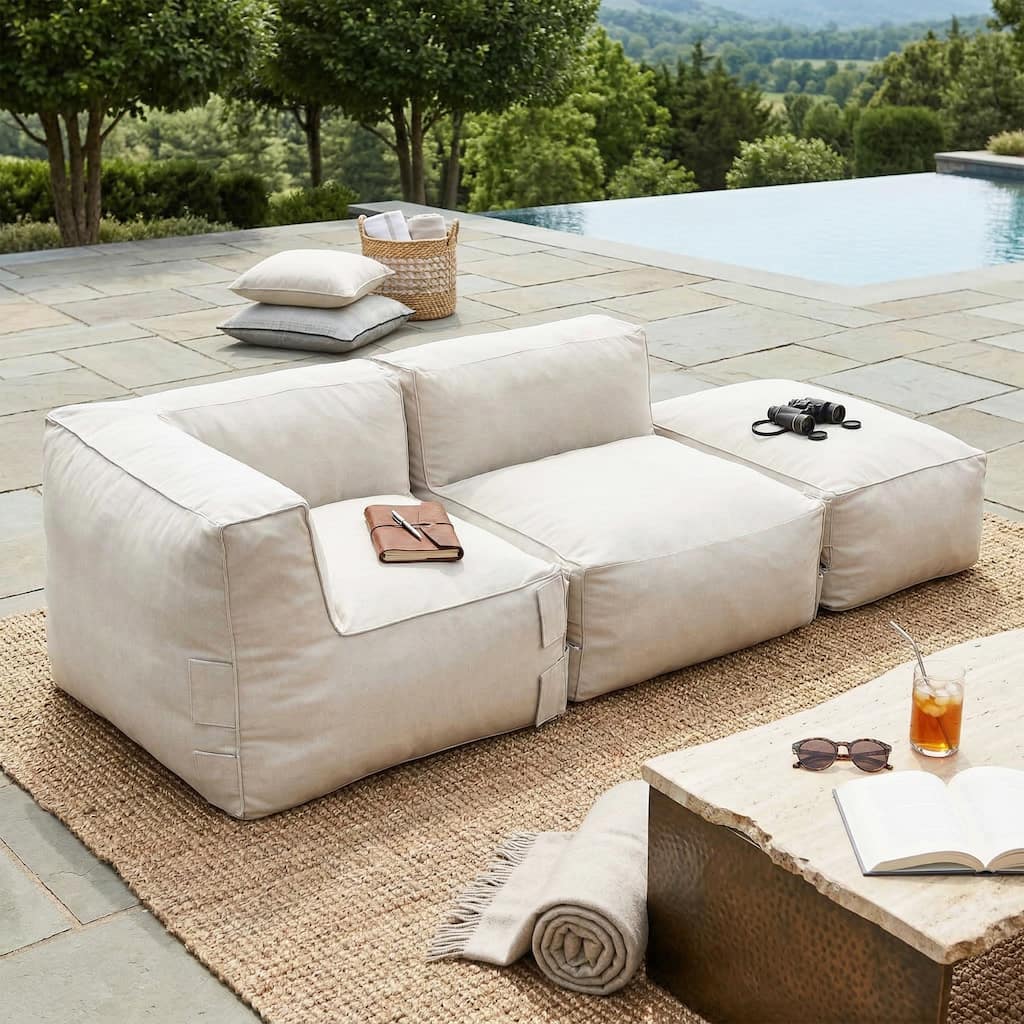 Christopher Knight Home - Nerissa 3-Piece Modular Outdoor/Indoor Bean Bag Sectional Sofa Set with Shredded Foam Filled & Ottoman