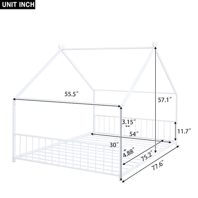 White Full Size Metal House Bed with Roof, Fence, and Back