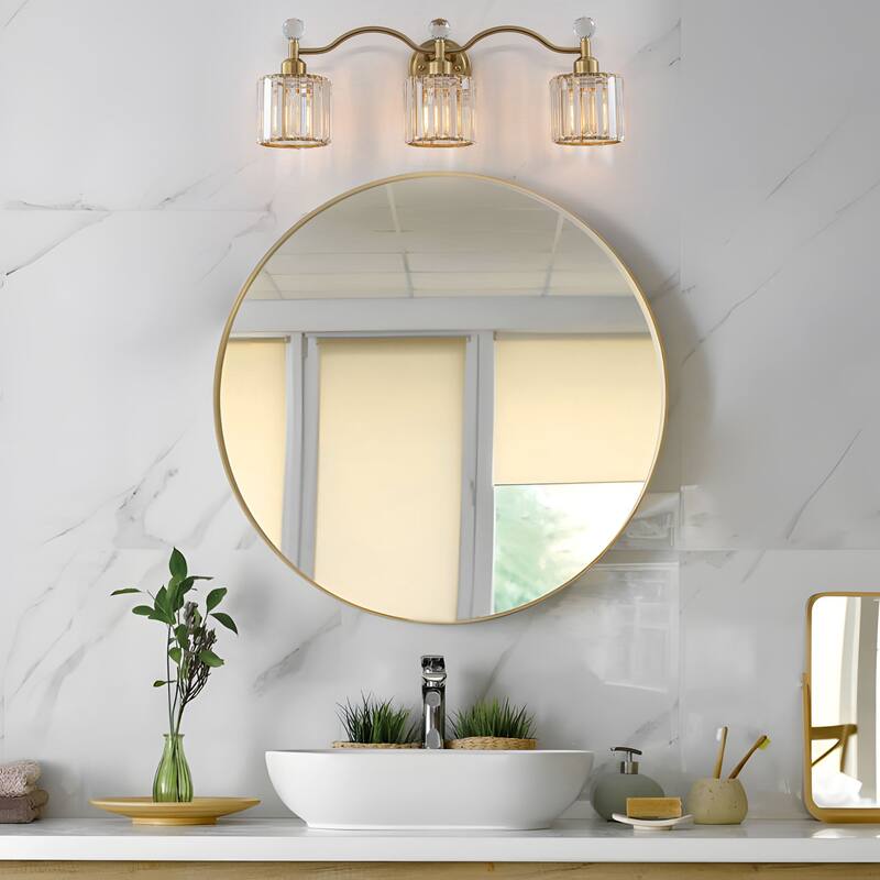 Starsky 3-Light Modern Crystal Bathroom Vanity Fixture with Ribbed Glass Shades and Sparkling Crystal Ball Accents