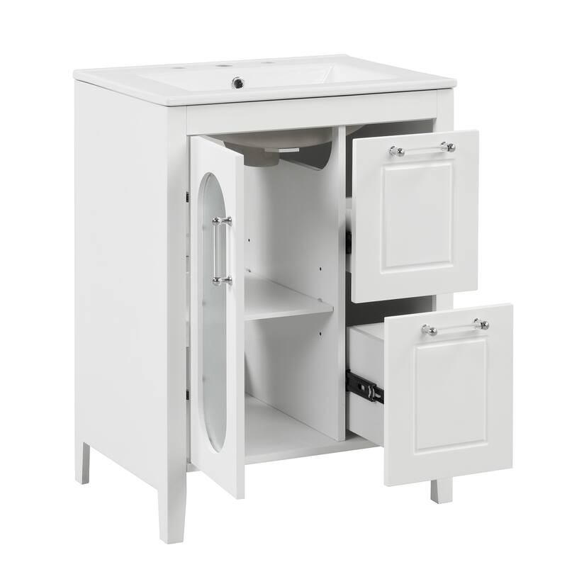 24" Black Bathroom Vanity with Sink - Solid Wood & MDF, Moru Glass Door, 2 Drawers, Adjustable Shelf