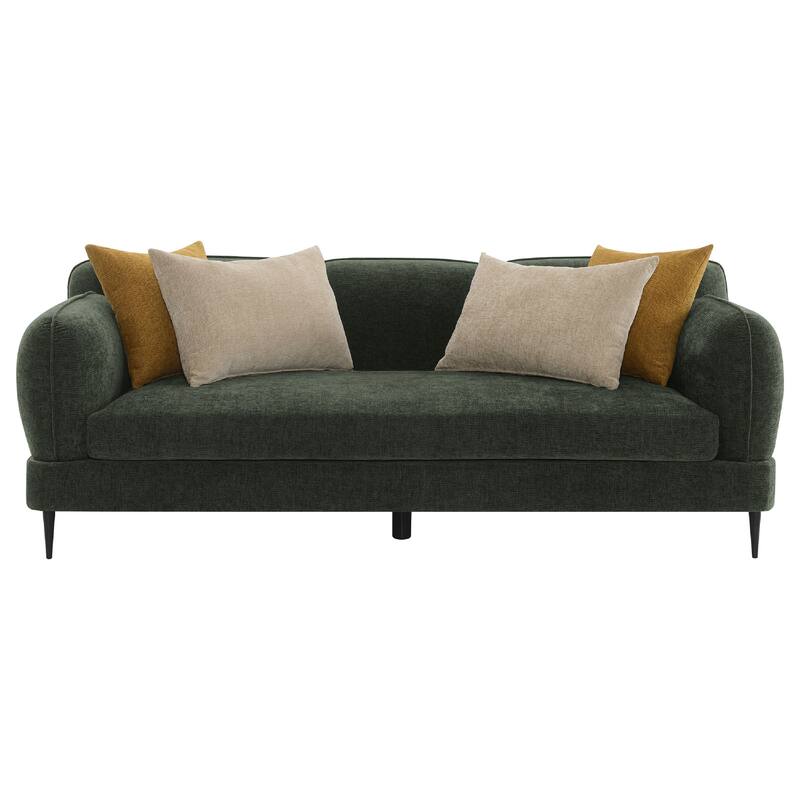 Dija 2pc Sofa Set with 7 Throw Pillows, Slim Metal Legs, Green Chenille