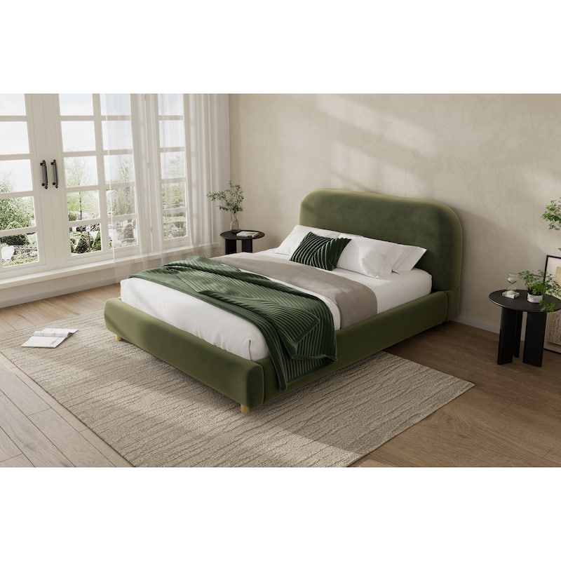 Upholstered Platform Bed Frame Thick Curve-shaped Low Profile Wingback Bed Built-in Metal Frame with Wooden Slats Support