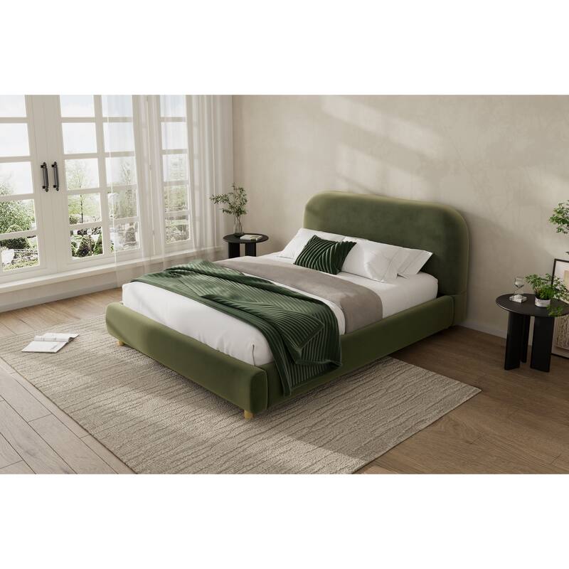 Upholstered Platform Bed Frame with Curved Shaped Headboard, Wood Slats, Wooden Bed Frame with Solid Wood Legs for Teens Adults