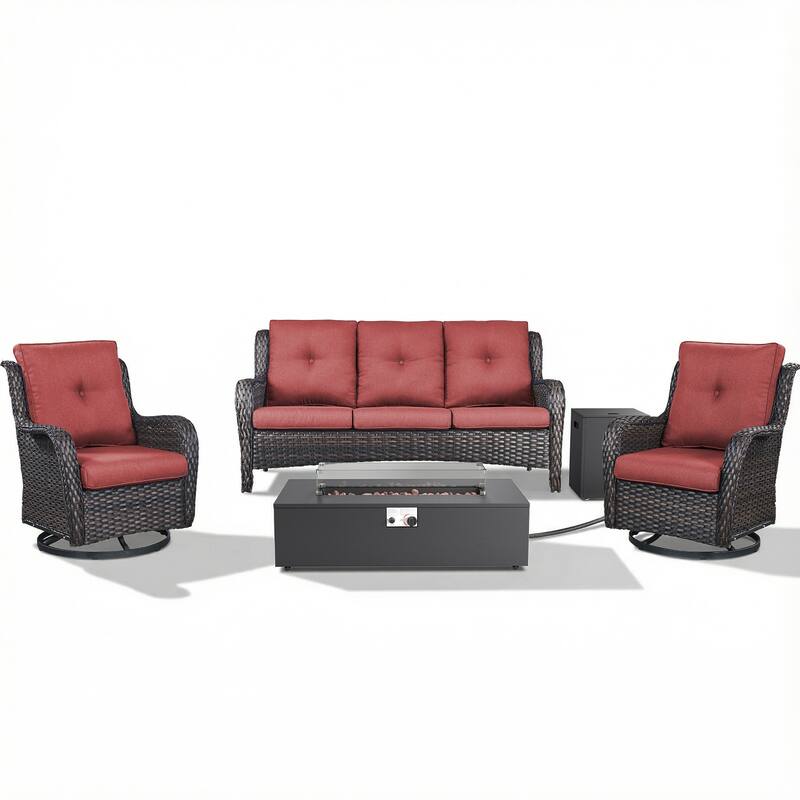 Pocassy Outdoor 5 Pieces Sofa Swivel Chair with Fire Pit Table