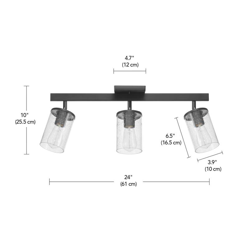 24" 3-Light Track Lighting, Matte Black, Seeded Glass Shades, Pivoting Track Heads - 4.7"