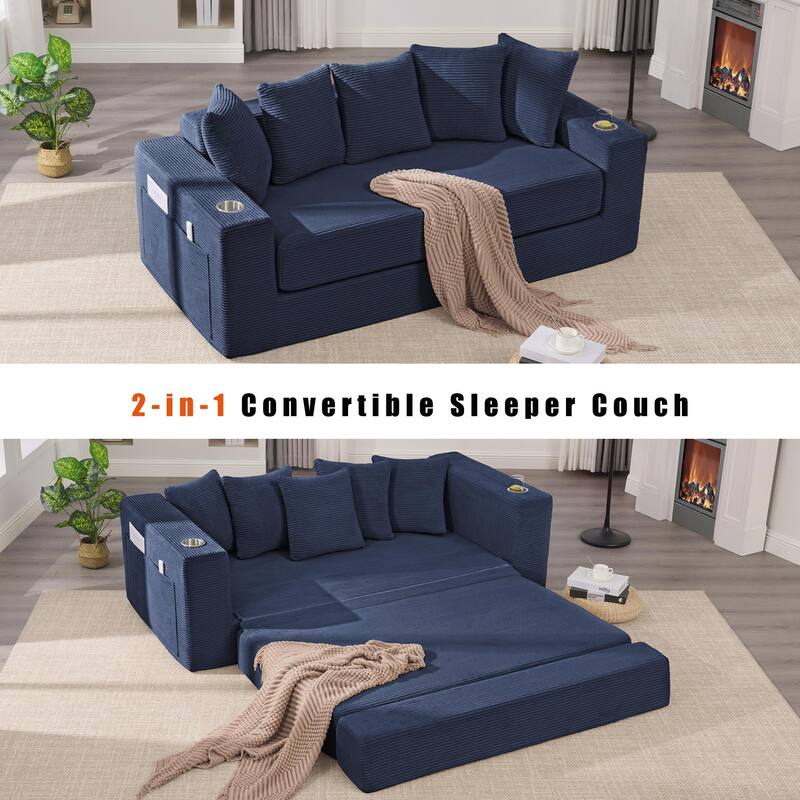 2-in-1 Convertible Sleeper Sofa, Floor Folding Couch, Sofa Bed with Side Pocket, Pull Out Loveseat with Cup Holders