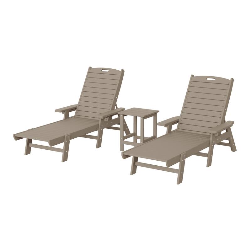 Laguna Hdpe All Weather Outdoor Patio Pool Reclining Chaise Lounges With Square Side Table (3-Piece Set) - Weathered Wood