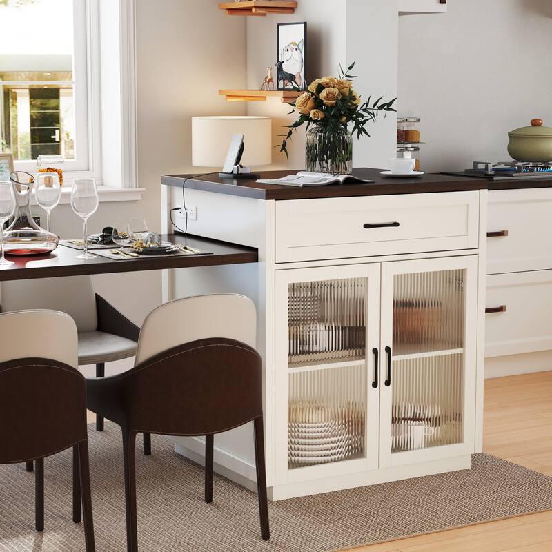 5-in-1 Extendable Kitchen Island with Slide-Out Table, Storage Racks, Tempered Glass Cabinet and Power Hub for Dining, Prep, Bar