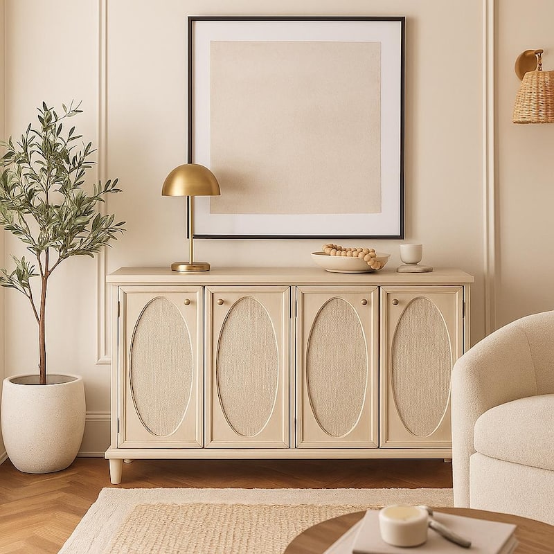 Wooden Geometric Washed Oval Rattan Front 4 Door Sideboard with Round Silver Knobs - Light Gray - Roche River Decor