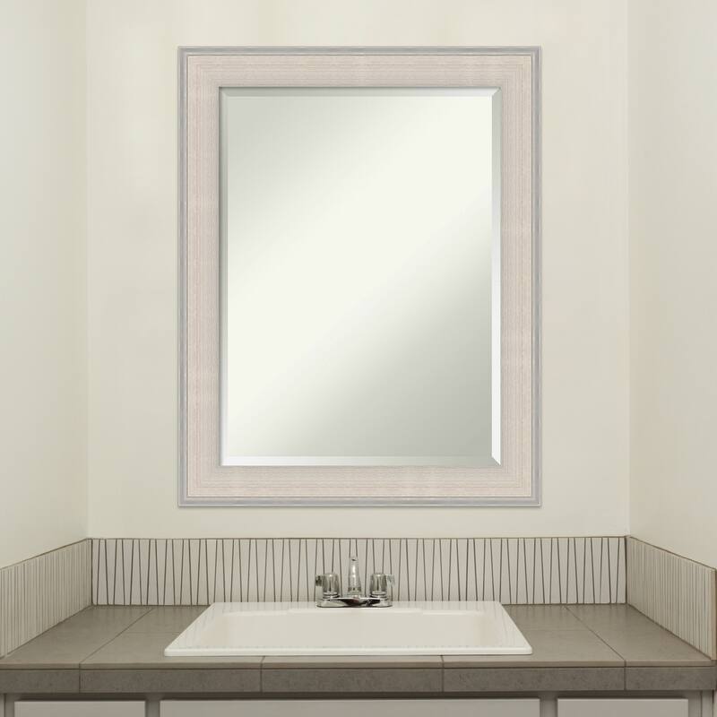 Cottage White Silver Beveled Wood Framed Bathroom Vanity Wall Mirror - Cottage White Silver