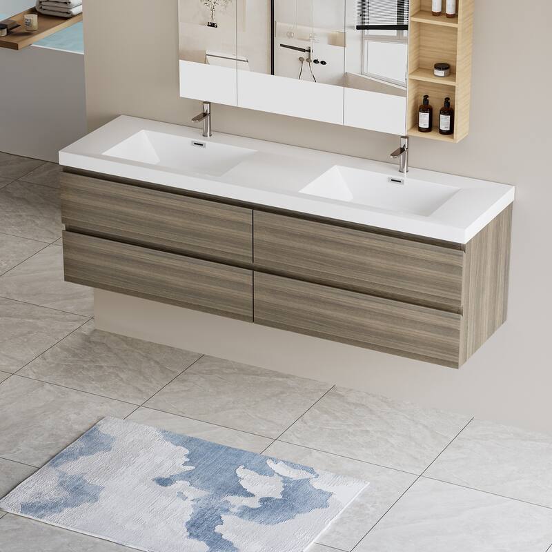 Wall 72" Floating Bathroom Vanity with Sink & and 4 Soft Close Drawers,White/Oak/Grey - 72 inch