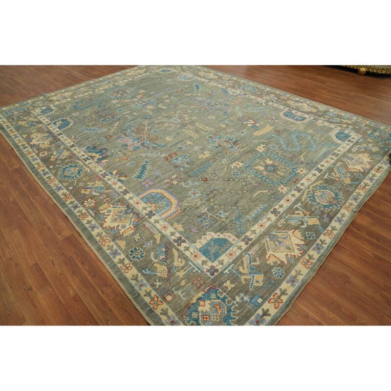 Handmade Gray Oushak Vegetable Dye Area Rug, Floral Geometric Carpet - 11' 10'' X 9' 2''