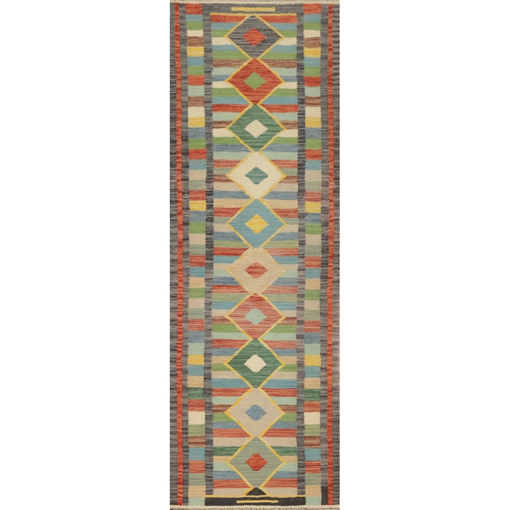Hand Woven Oriental 100% Wool Carpet Southwestern Tribal Multi-Colored Kilim Runner Rug - 8' 1'' X 2' 2''