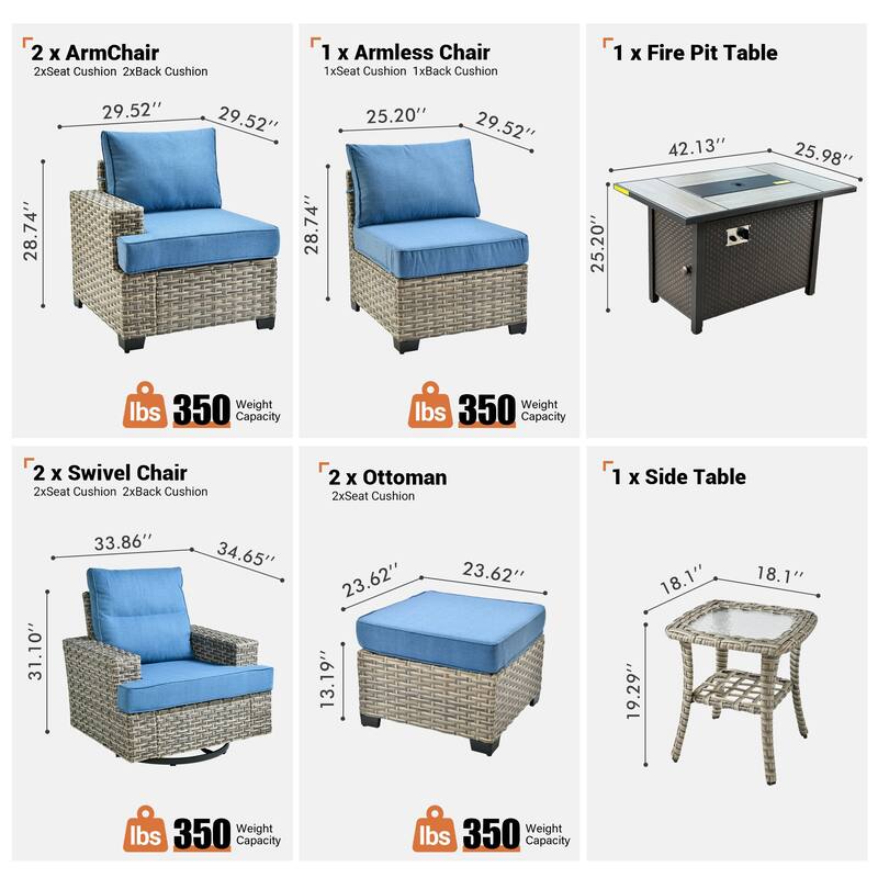 OVIOS 9 Pieces T shaped Seat Wide Armrest Swivel Chair Set With Fire Pit