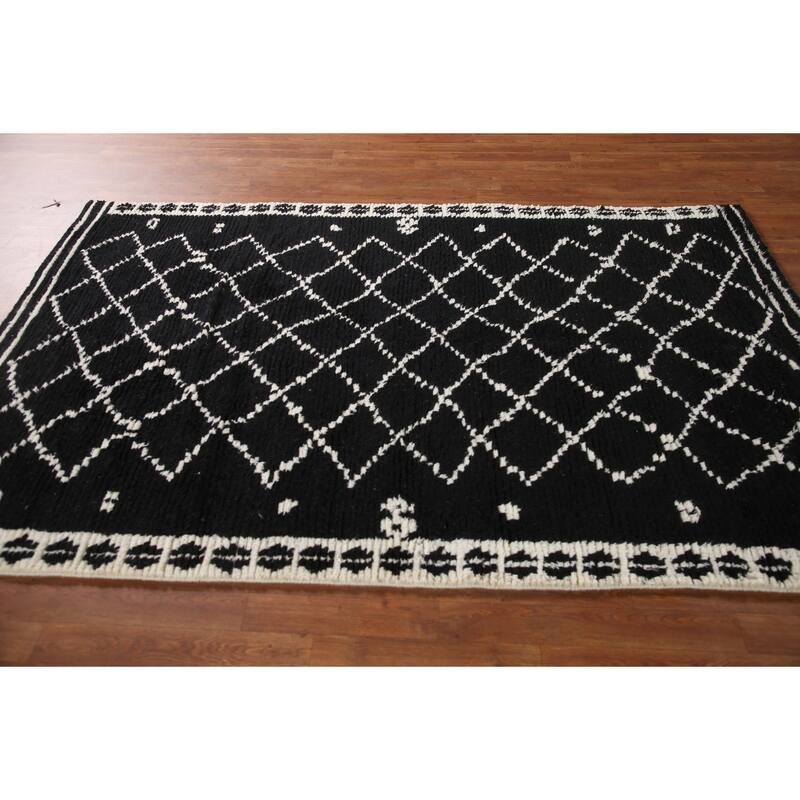 Black Plush Moroccan Indian Area Rug Hand-Knotted Wool Carpet - 5'2"x 8'1"