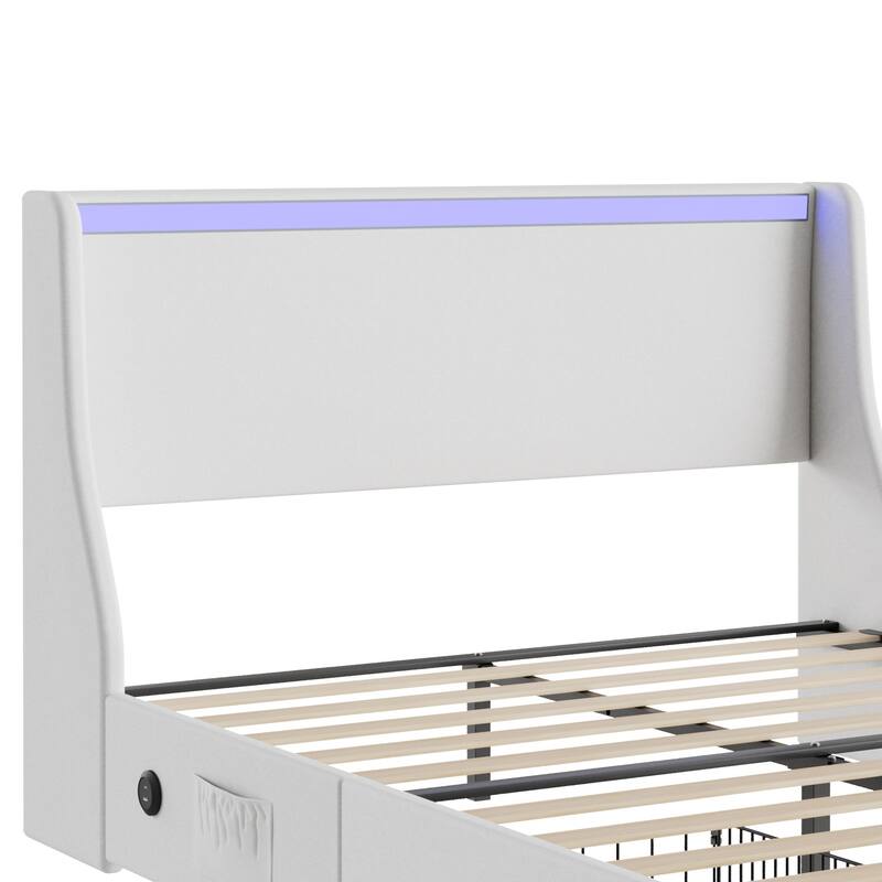 Javlergo Bed Frame with LED Lights and Charging Station Linen Fabric Bed with Drawers Wooden Slats