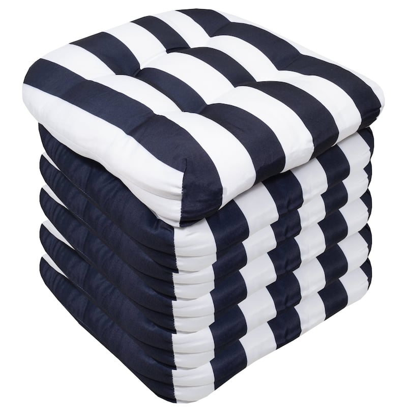 Sweet Home Collection Havana Stripe Patio Cushions Outdoor Chair Pads Thick Fiber Fill Tufted 19" x 19" - Set of 6 - Navy White