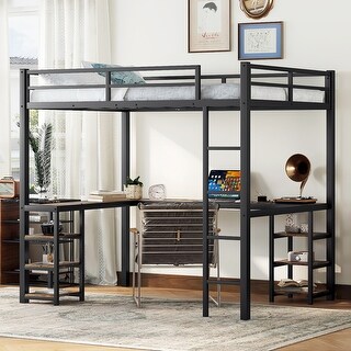 Black+Brown Full Size Metal Size Loft Bed with Desk and Shelves, Loft Bed with Ladder and Guardrails