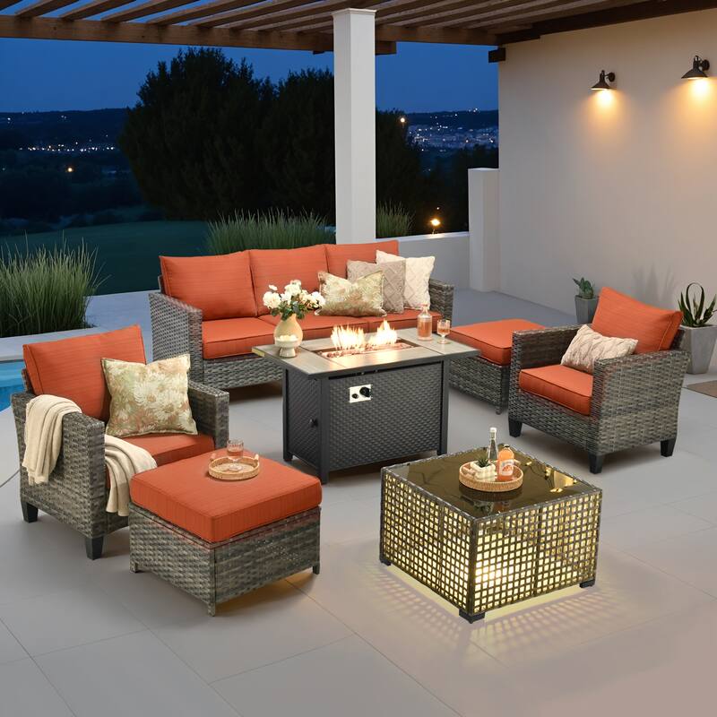 OVIOS 7 Pieces Patio Furniture Set with Solar-Powered Table & Fire Pit - Orange/Red