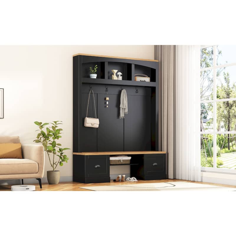 Hall Tree Entryway Cabinet with Wood Bench & Hooks, Coat Rack Storage Cabinet with Adjustable Shelves
