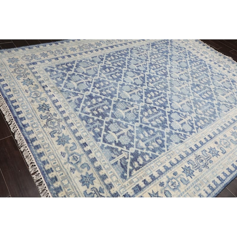 Hand Knotted Oushak Blue Oriental Wool Transitional Oriental Area Rug