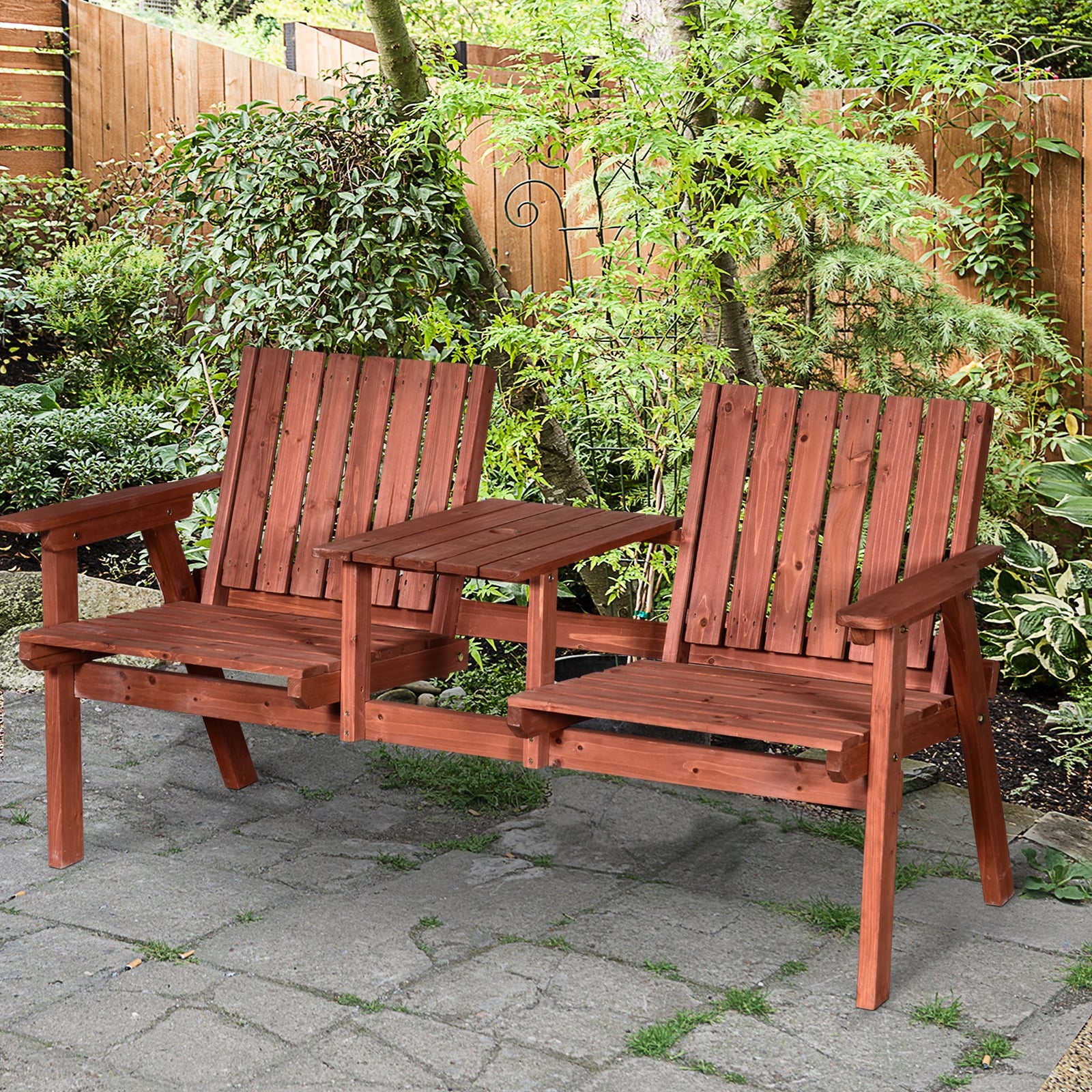 Shop Outsunny Outdoor Patio Wooden Double Chair Garden Bench With Middle Table Natural Weather Fighting Materials Overstock 31098847