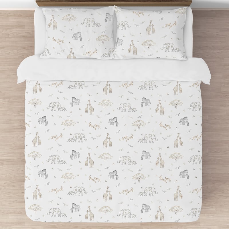 Jungle Safari Animal Full/Queen Comforter Set Taupe Black and White Gender Neutral Elephant Giraffe Wildlife Adventure Serengeti