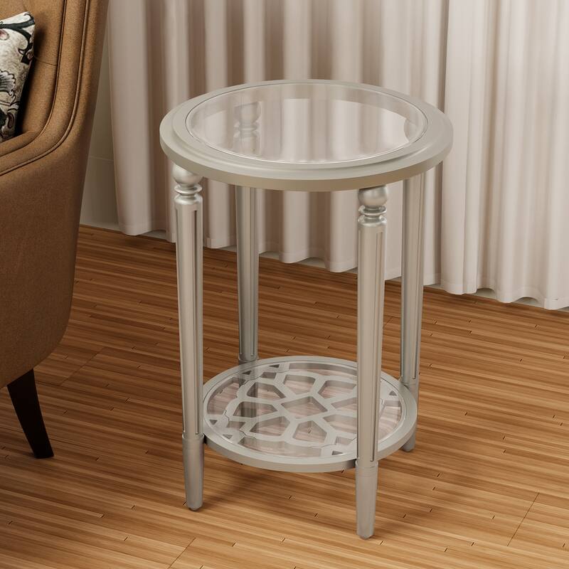SUNBURY Solid Wood Tempered Glass Side Table with Storage Shelf - 1PC-Glossy Silver