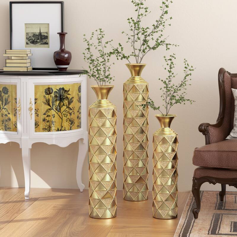 Metal Decorative Vase High Distress Metal Center Vase with 3D Triangle Pattern,Set of 3 Vases for Home Decoration