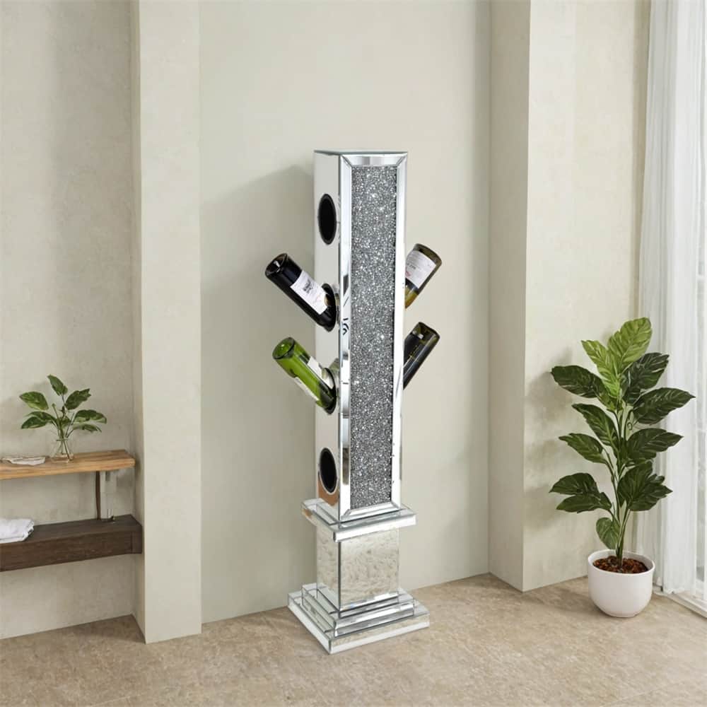 Crushed Diamond Floating Silver Mirrored Wine Bottle Holder