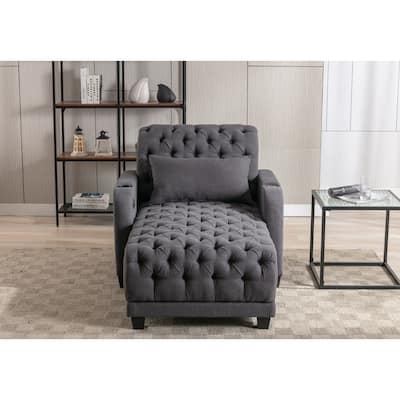 Linen Upholstered Multifunctional Tufted Wireless Charging Leisure Sleeper Armchair with 2 Cup Holders