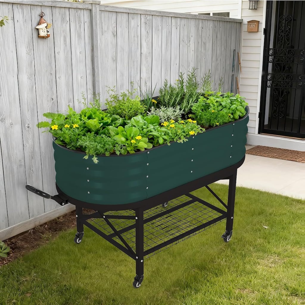 Galvanized Raised Garden Bed, Steel Planter Boxes with Wheels and Rack