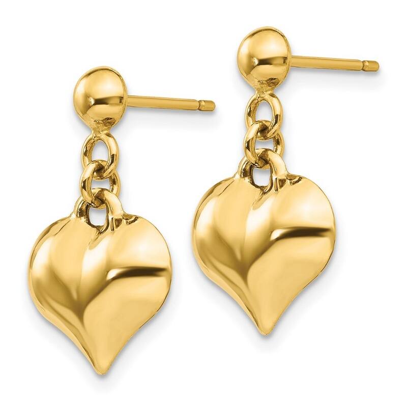 Curata 14k Yellow Gold 16x12mm Puffed Love Heart Dangle Post Earrings