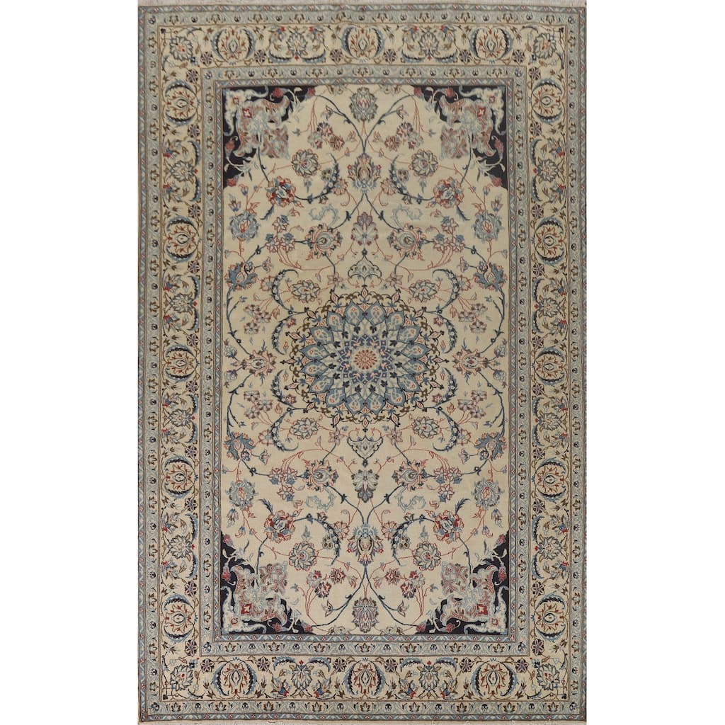 Wool & Silk Nain Persian Vintage Area Rug Handmade Floral Carpet - 6'6"x 10'4"