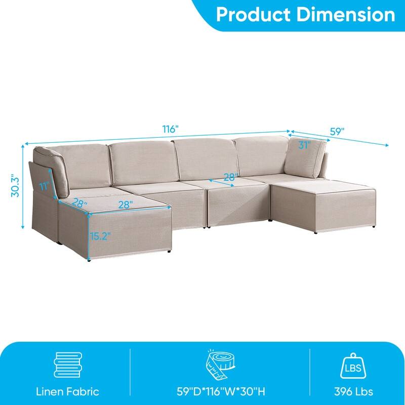 Mixoy Oversized Modular Sectional Sofa, U/L-Shaped Couch with Deep Seat, Ottoman, Convertible Modern Linen Sleeper Sofa Bed