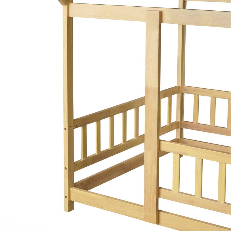 Twin Size House Floor Wooden Bed with Roof Frame,Safety Guardrails