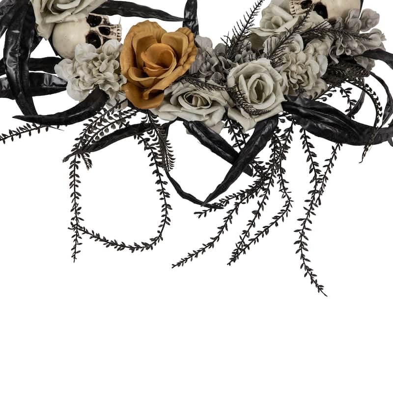 Skulls with Roses Halloween Foliage Wreath - 14" - Orange, Gray and Black - Unlit
