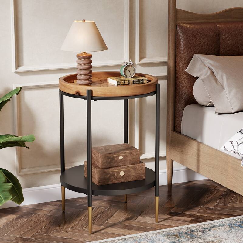 2 Tier Round Side Table with Solid Wood Top and Metal Frame for Living Room ,Bedroom