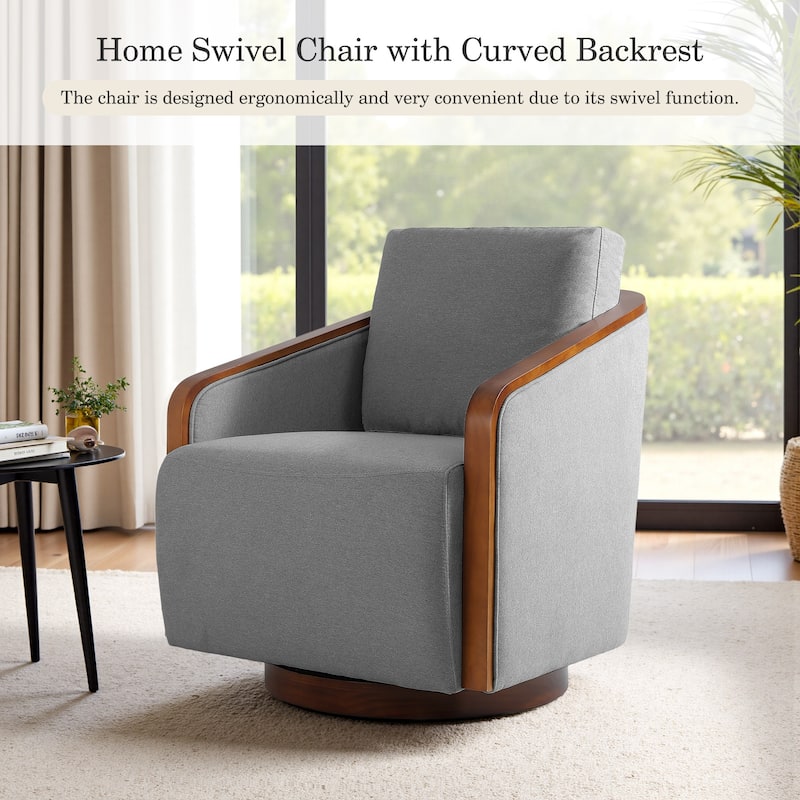 Upholstered Swivel Barrel Chair with Curved Wood Arms