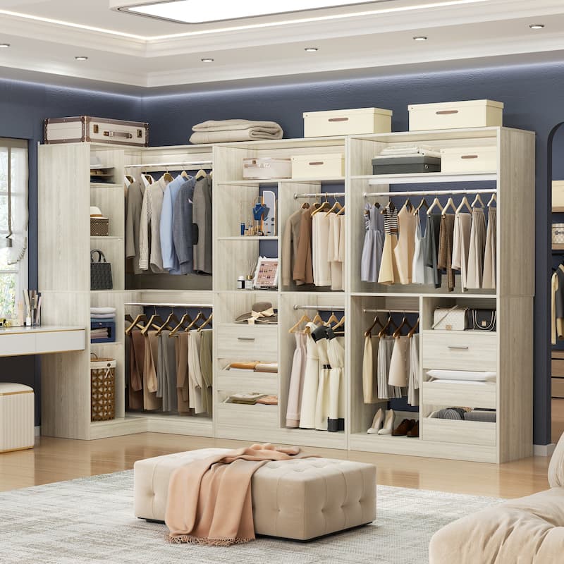 Qvella 72"-108" Closet System with Drawers and Hanging Rods,Freestanding Walk-in Closet Organizer System Wardrobe Closet Tower - White Oak