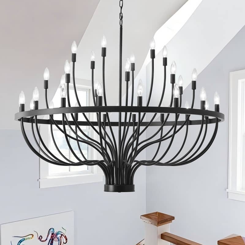 Classic Wagon Wheel Chandelier - Adjustable Rustic Ceiling Light with Matte Black Finish - 33 Lights -47.2inches