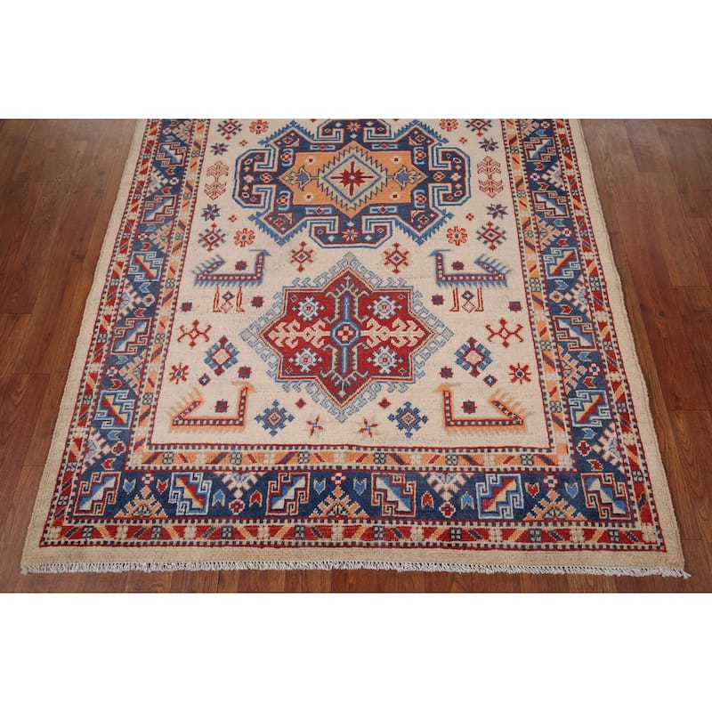 Geometric Beige / Ivory Kazak Accent Rug Hand-Knotted Wool Carpet - 4'0" x 6'1"