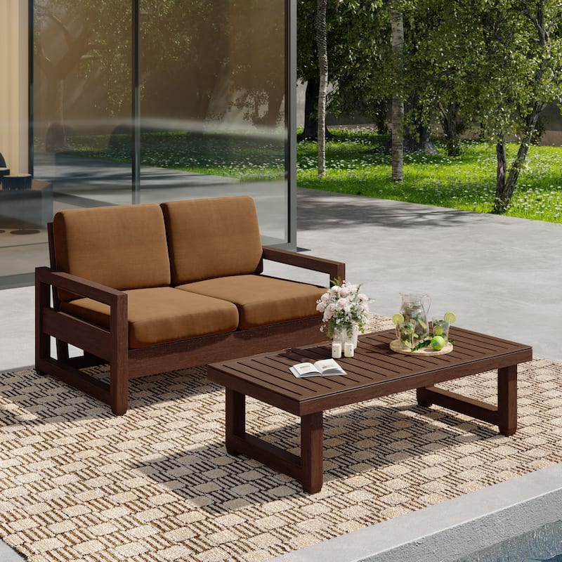 Outdoor Patio Loveseat Table Set Teak Wood with Cushion - Dark Wood - Light Brown