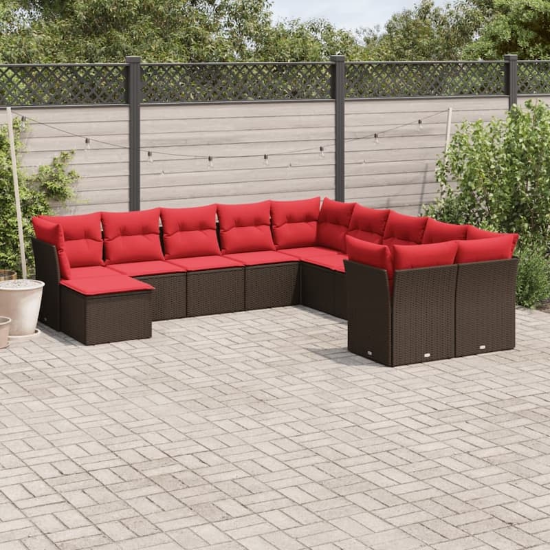 vidaXL Patio Sofa Set with Cushions Outdoor Conversation Furniture Poly Rattan - 24.4" x 24.4" x 27.2" - Brown and red without table