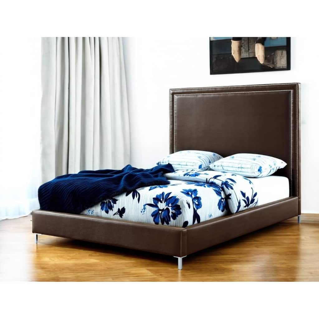 Espresso Solid Wood King Upholstered Faux Leather Bed with Nailhead Trim