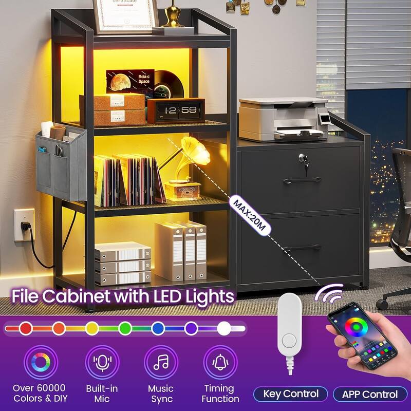 2 Drawer File Cabinet Filing Cabinet Letter Legal Power Strip LED Lights Lock Open Shelf